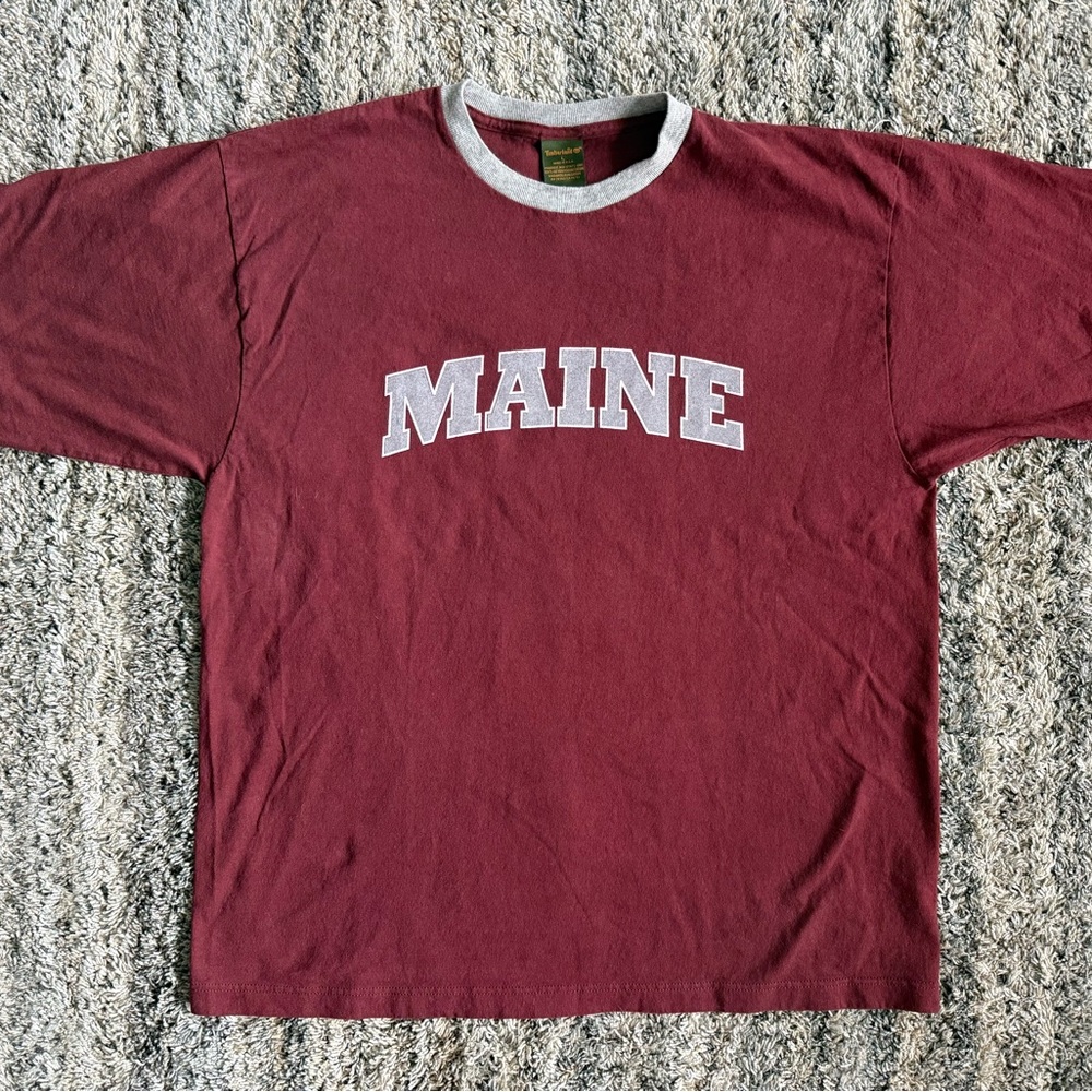 Vintage Timberland Maine Ringer T-Shirt Made in USA Maroon Grey Large